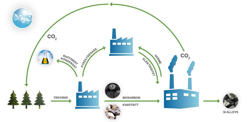 Ved å bruke biokull lagd av trevirke kan man redusere utslipp i produksjon av silisium. Illustrasjon: Elkem